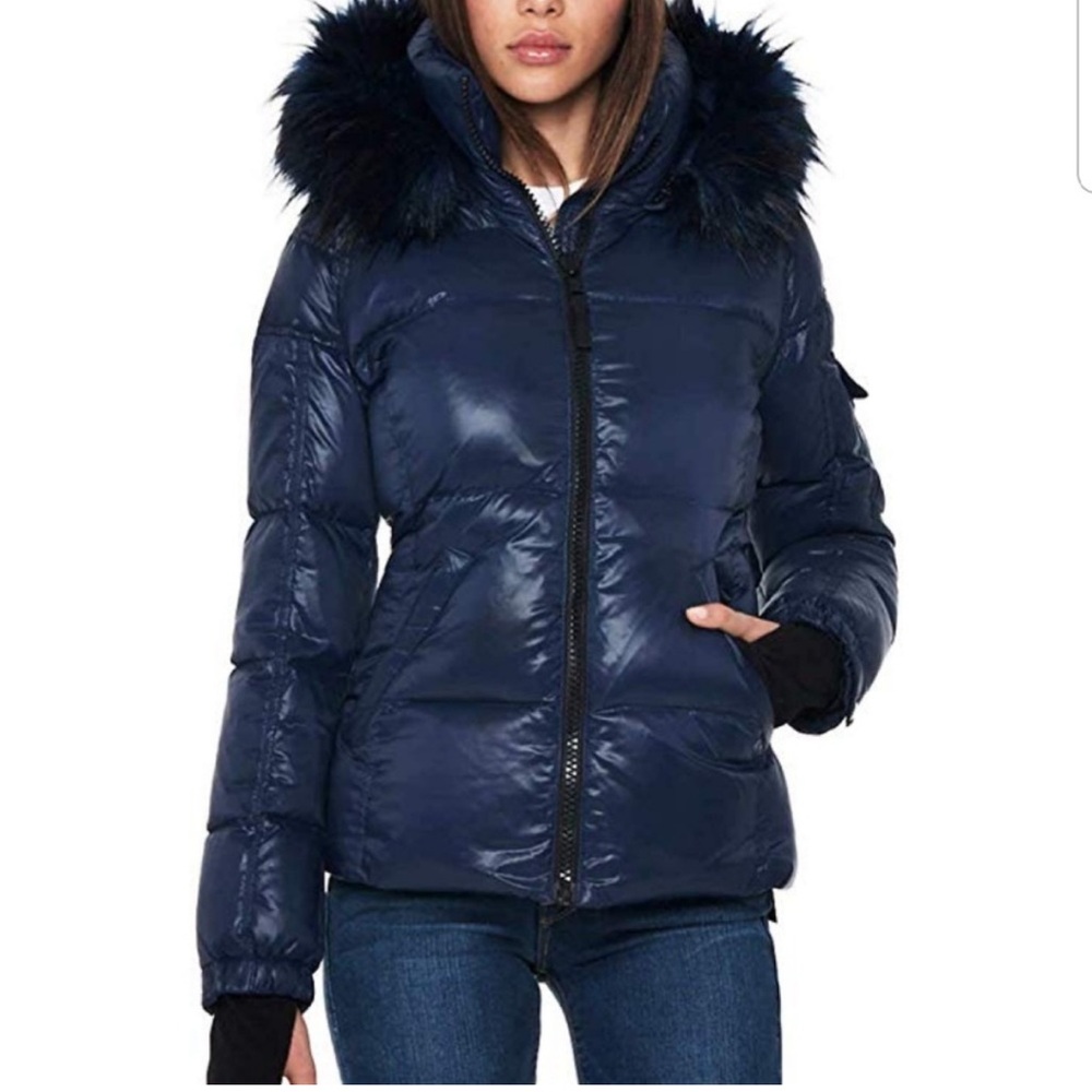 S13 Faux Fur Trim Puffer Jacket Blue Size Medium